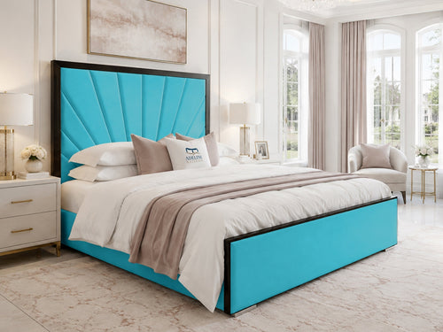 Celeste Sunburst Upholstered Bed Set with Floor Standing Headboard, Footboard & Storage Upgrade Option