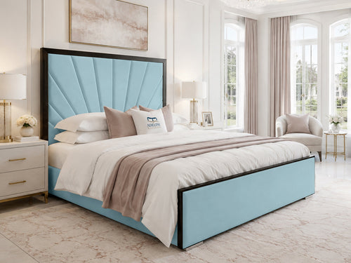 Celeste Sunburst Upholstered Bed Set with Floor Standing Headboard, Footboard & Storage Upgrade Option