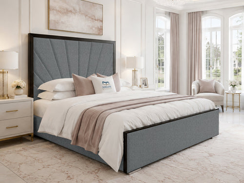 Celeste Sunburst Upholstered Bed Set with Floor Standing Headboard, Footboard & Storage Upgrade Option