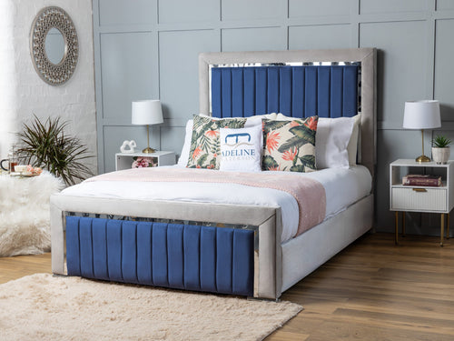 Cheshire Vertical Channel Double Colour Fabric Bed Set with Floor Standing Headboard, Footboard & Storage Upgrade Option