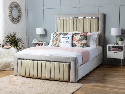 Cheshire Vertical Channel Double Colour Fabric Bed Set with Floor Standing Headboard, Footboard & Storage Upgrade Option