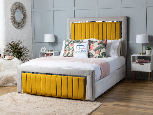 Cheshire Vertical Channel Double Colour Fabric Bed Set with Floor Standing Headboard, Footboard & Storage Upgrade Option