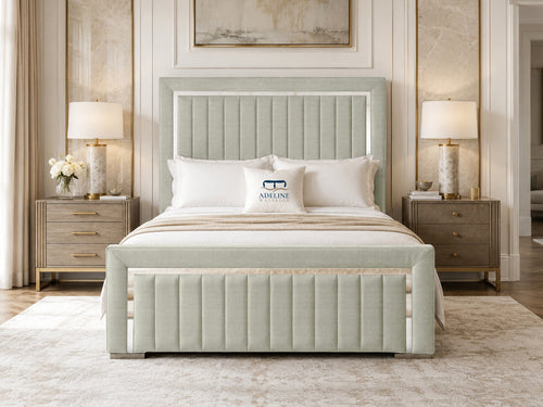Cheshire Metallic Frame Vertical Channel Upholstered Bed Set with Floor Standing Headboard, Footboard & Storage Upgrade Option