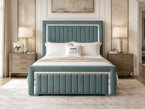 Cheshire Metallic Frame Vertical Channel Upholstered Bed Set with Floor Standing Headboard, Footboard & Storage Upgrade Option