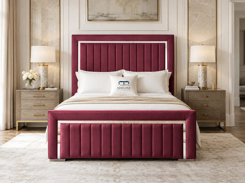 Cheshire Metallic Frame Vertical Channel Upholstered Bed Set with Floor Standing Headboard, Footboard & Storage Upgrade Option
