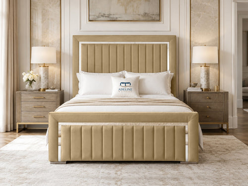 Cheshire Metallic Frame Vertical Channel Upholstered Bed Set with Floor Standing Headboard, Footboard & Storage Upgrade Option
