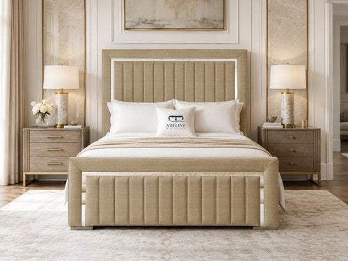Cheshire Metallic Frame Vertical Channel Upholstered Bed Set with Floor Standing Headboard, Footboard & Storage Upgrade Option