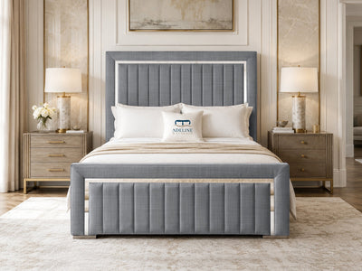 Cheshire Metallic Frame Vertical Channel Upholstered Bed Set with Floor Standing Headboard, Footboard & Storage Upgrade Option