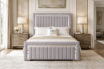 Silver Plush Velvet - Cheshire Metallic Frame Vertical Channel Upholstered Bed Set with Floor Standing Headboard, Footboard & Storage Upgrade Option