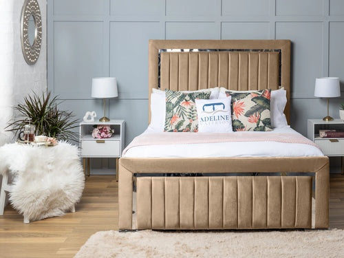 Cheshire Metallic Frame Vertical Channel Upholstered Bed Set with Floor Standing Headboard, Footboard & Storage Upgrade Option