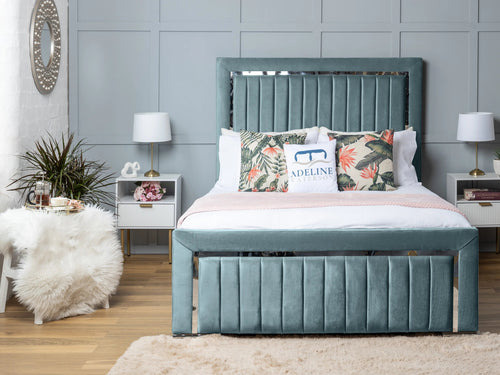 Cheshire Metallic Frame Vertical Channel Upholstered Bed Set with Floor Standing Headboard, Footboard & Storage Upgrade Option