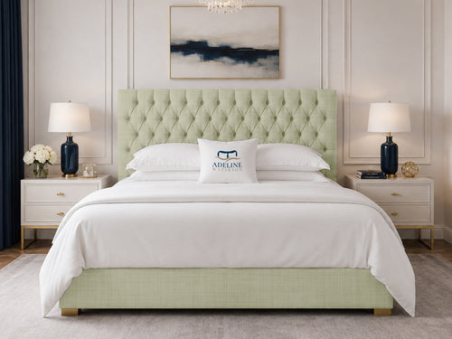 Clarence Tufted Upholstered Bed Set with Floor Standing Headboard, Footboard & Storage Upgrade Option