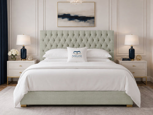 Clarence Tufted Upholstered Bed Set with Floor Standing Headboard, Footboard & Storage Upgrade Option