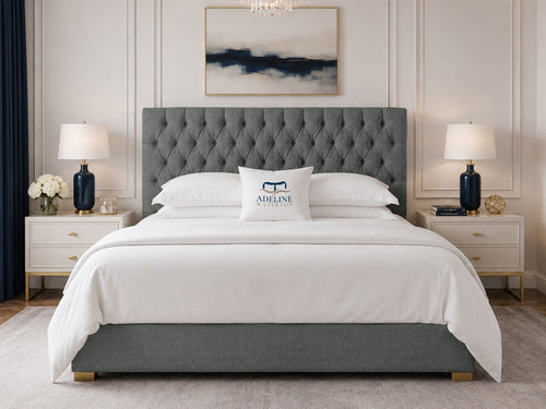Clarence Tufted Upholstered Bed Set with Floor Standing Headboard, Footboard & Storage Upgrade Option