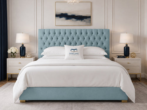Clarence Tufted Upholstered Bed Set with Floor Standing Headboard, Footboard & Storage Upgrade Option