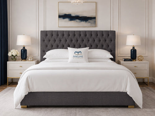 Clarence Tufted Upholstered Bed Set with Floor Standing Headboard, Footboard & Storage Upgrade Option