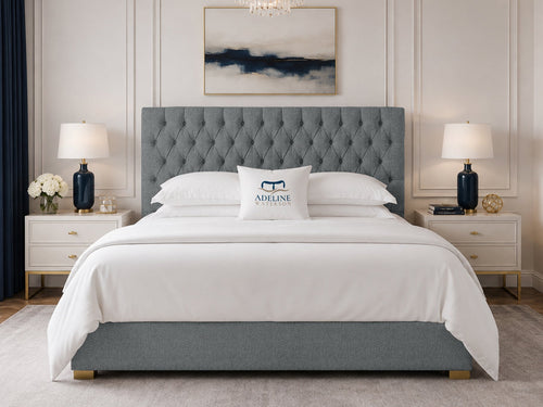 Clarence Tufted Upholstered Bed Set with Floor Standing Headboard, Footboard & Storage Upgrade Option