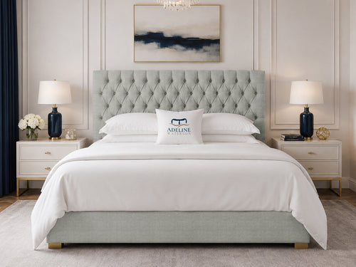 Clarence Tufted Upholstered Bed Set with Floor Standing Headboard, Footboard & Storage Upgrade Option
