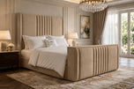 Beige Plush Velvet - Colmore Column Storage TV Bed Set with End Lift – 48" Floor Standing Headboard