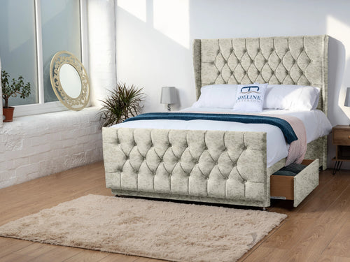 Dorchester Button-Tufted Wingback Divan Bed Set with Storage Drawers, Floor Standing Headboard & Footboard