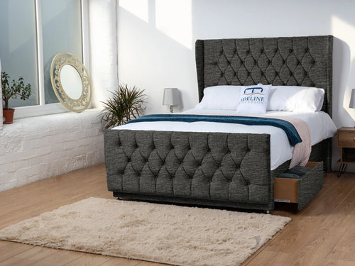 Dorchester Button-Tufted Wingback Divan Bed Set with Storage Drawers, Floor Standing Headboard & Footboard