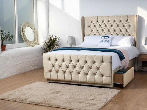 Dorchester Button-Tufted Wingback Divan Bed Set with Storage Drawers, Floor Standing Headboard & Footboard