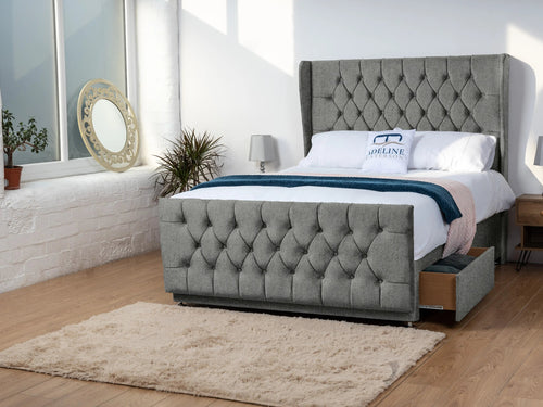 Dorchester Button-Tufted Wingback Divan Bed Set with Storage Drawers, Floor Standing Headboard & Footboard