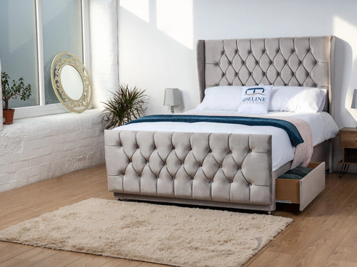 Dorchester Button-Tufted Wingback Divan Bed Set with Storage Drawers, Floor Standing Headboard & Footboard