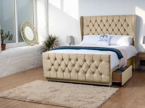 Dorchester Button-Tufted Wingback Divan Bed Set with Storage Drawers, Floor Standing Headboard & Footboard