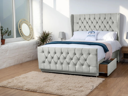 Dorchester Button-Tufted Wingback Divan Bed Set with Storage Drawers, Floor Standing Headboard & Footboard
