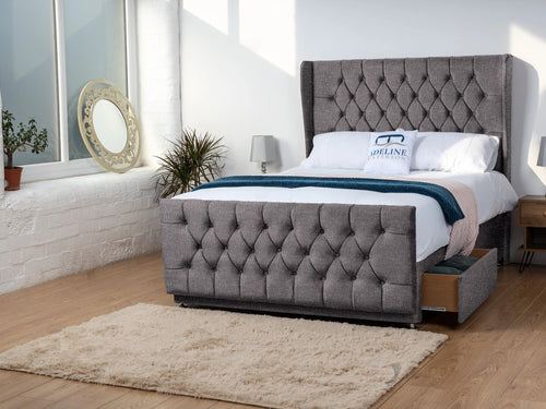 Dorchester Button-Tufted Wingback Divan Bed Set with Storage Drawers, Floor Standing Headboard & Footboard