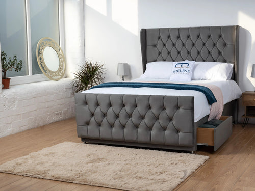 Dorchester Button-Tufted Wingback Divan Bed Set with Storage Drawers, Floor Standing Headboard & Footboard