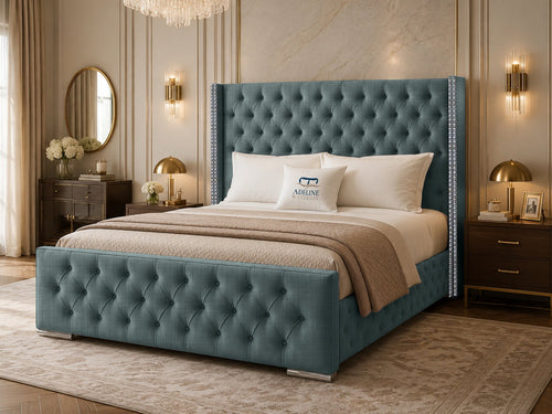 Duchess Button-Tufted Wingback Upholstered Bed Set with Floor Standing Headboard, Footboard & Storage Upgrade Option