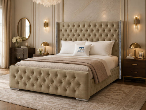 Duchess Button-Tufted Wingback Upholstered Bed Set with Floor Standing Headboard, Footboard & Storage Upgrade Option