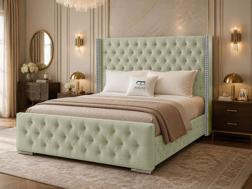 Duchess Button-Tufted Wingback Upholstered Bed Set with Floor Standing Headboard, Footboard & Storage Upgrade Option