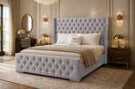 Silver Plush Velvet - Duchess Button-Tufted Wingback Upholstered Bed Set with Floor Standing Headboard, Footboard & Storage Upgrade Option
