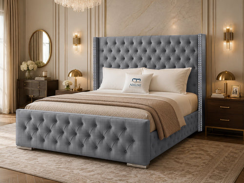 Duchess Button-Tufted Wingback Upholstered Bed Set with Floor Standing Headboard, Footboard & Storage Upgrade Option