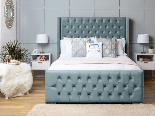 Duchess Button-Tufted Wingback Upholstered Bed Set with Floor Standing Headboard, Footboard & Storage Upgrade Option
