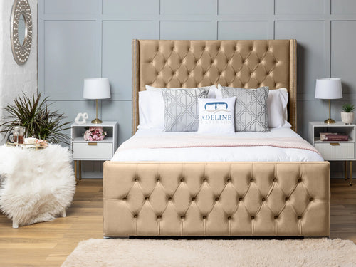 Duchess Button-Tufted Wingback Upholstered Bed Set with Floor Standing Headboard, Footboard & Storage Upgrade Option