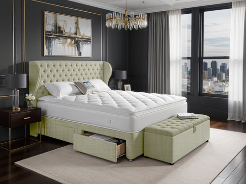 Empire Chesterfield Button-Tufted Upholstered Bed Set with Floor Standing Headboard, Footboard & Storage Upgrade Option