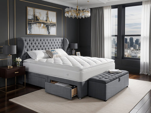 Empire Chesterfield Button-Tufted Upholstered Bed Set with Floor Standing Headboard, Footboard & Storage Upgrade Option