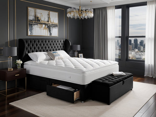 Empire Chesterfield Button-Tufted Upholstered Bed Set with Floor Standing Headboard, Footboard & Storage Upgrade Option