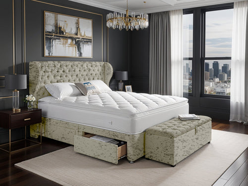 Empire Chesterfield Button-Tufted Upholstered Bed Set with Floor Standing Headboard, Footboard & Storage Upgrade Option