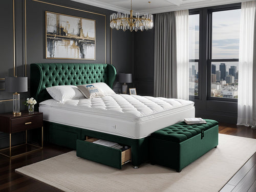 Empire Chesterfield Button-Tufted Upholstered Bed Set with Floor Standing Headboard, Footboard & Storage Upgrade Option