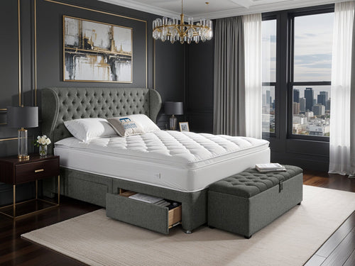 Empire Chesterfield Button-Tufted Upholstered Bed Set with Floor Standing Headboard, Footboard & Storage Upgrade Option
