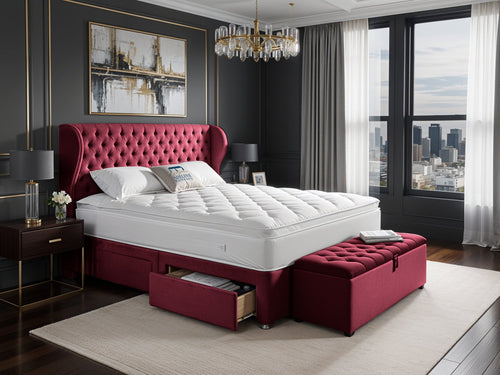 Empire Chesterfield Button-Tufted Upholstered Bed Set with Floor Standing Headboard, Footboard & Storage Upgrade Option