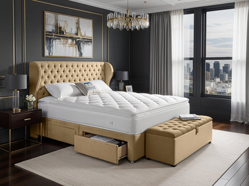 Empire Chesterfield Button-Tufted Upholstered Bed Set with Floor Standing Headboard, Footboard & Storage Upgrade Option