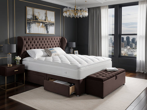 Empire Chesterfield Button-Tufted Upholstered Bed Set with Floor Standing Headboard, Footboard & Storage Upgrade Option