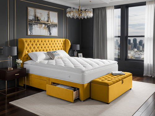 Empire Chesterfield Button-Tufted Upholstered Bed Set with Floor Standing Headboard, Footboard & Storage Upgrade Option