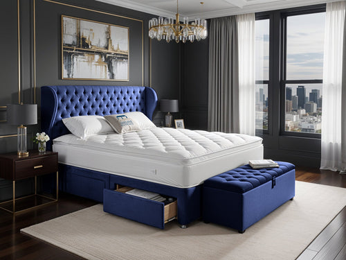 Empire Chesterfield Button-Tufted Upholstered Bed Set with Floor Standing Headboard, Footboard & Storage Upgrade Option